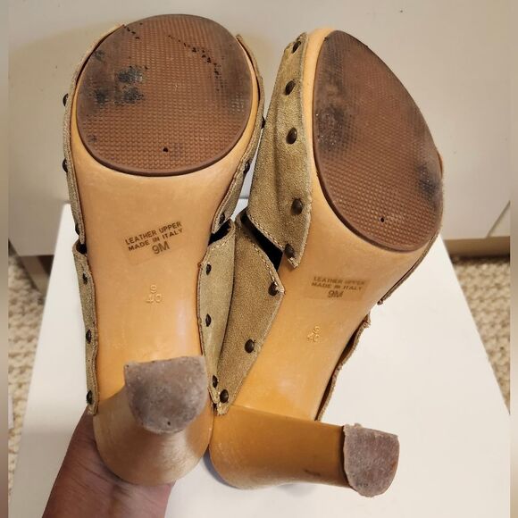 Vtg Mint '80s Original Candie's Tan Suede "Wood" Sole Mules Sz.9 Made in Italy - Picture 8 of 9